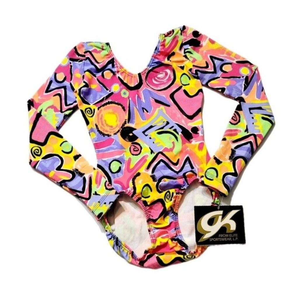 GK Elite VTG Neon 90s Pop Culture Graffiti Cotton Leotard Bodysuit AXS Size XS